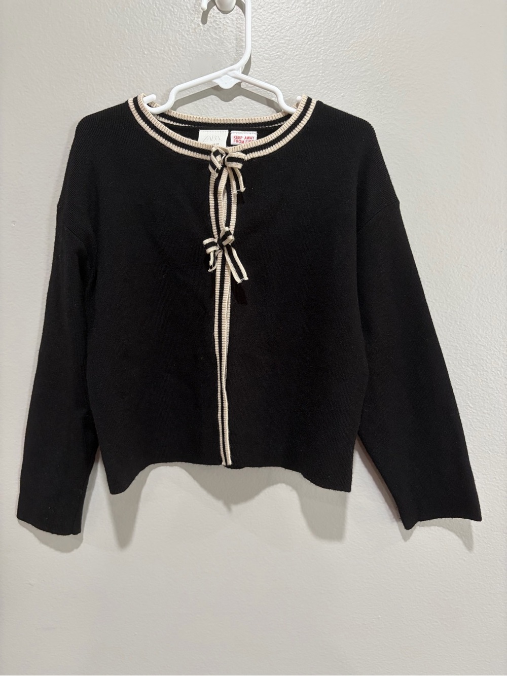 Zara Girl’s Black Sweater Cardigan with Cream Trim and Tie Front